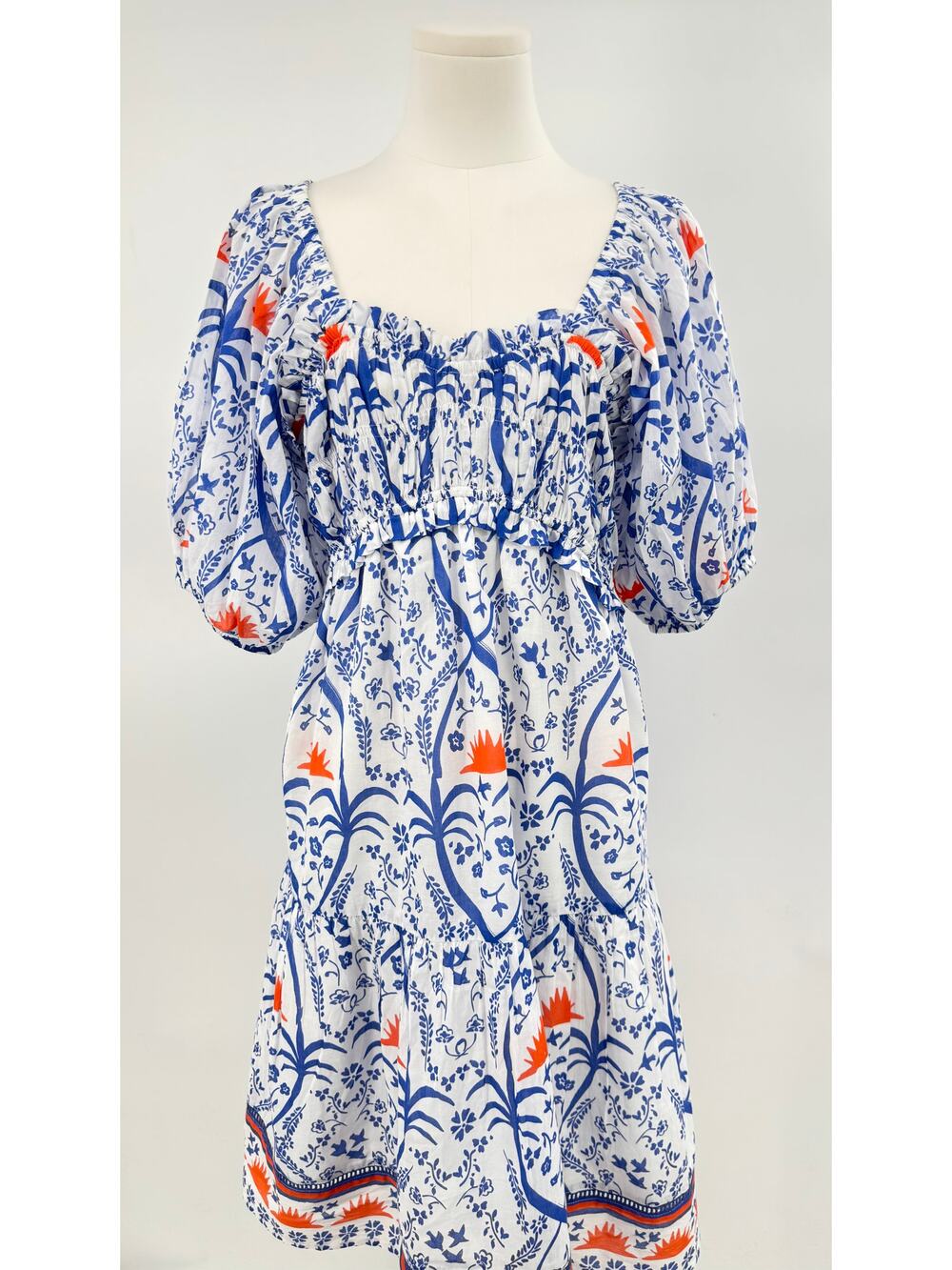 Ro's Garden Tamara White Blue Smocked Midi Dress Boho Floral Cotton L